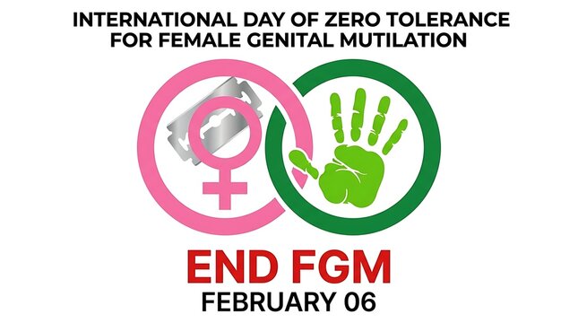 International day of zero tolerance for female genital mutilation campaign poster with razor blade symbol over Venus sign and hand stop icon for February 06 awareness and protection