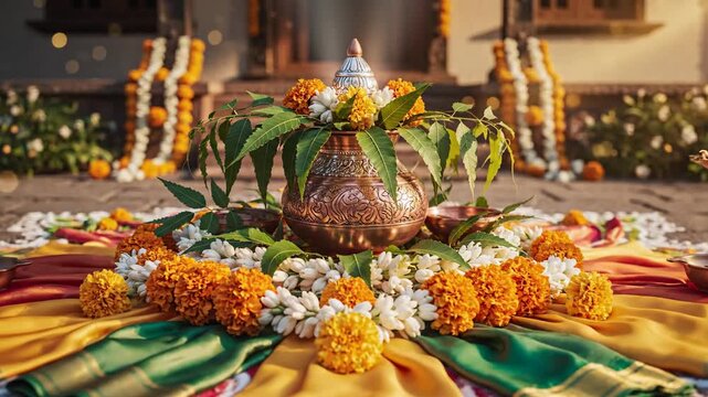 A close-up of the festive kalash decoration with marigolds on a colorful rangoli during gudi padwa.