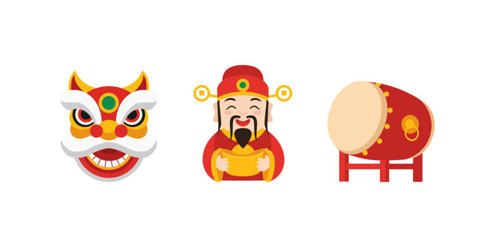 Chinese New Year icon set featuring traditional lion dance mask, God of Wealth character, and festive drum in flat colorful vector style, isolated on white background.