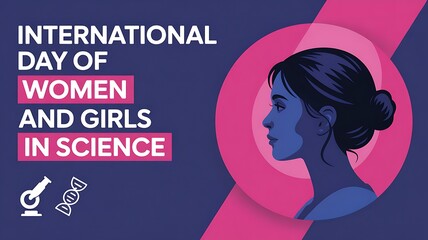 International day of women and girls in science highlighted with detailed illustration of woman's profile and scientific icons symbolizing progress and equality.