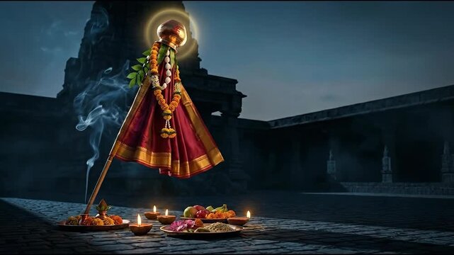 The illuminated gudi padwa flag stands tall, celebrated with glowing diyas in a dramatic, dark temple setting.