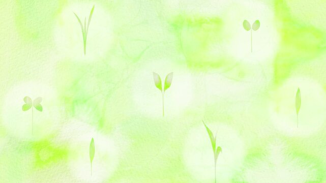 様々な種類の新芽が楽しそうに回転するループアニメーション。緑色の水彩画を背景にした爽やかな映像。