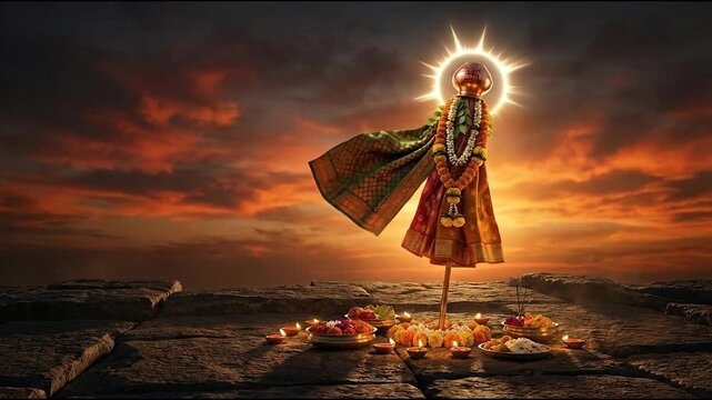 The spiritual gudi padwa gudi, symbolizing ugadi and rangoli, stands dramatically under a fiery sunset.