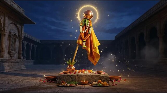 The sacred gudi padwa flag, dramatically lit with a golden halo, stands over offerings in a dark temple courtyard.