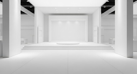 Fototapeta premium A minimalist, all-white modern exhibition hall with a central stage and steps, featuring clean lines and bright lighting.