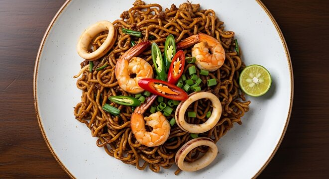 Overhead view of mie aceh with shrimp, squid rings, chili peppers, and lime on a white plate with gold trim, against a dark wooden background.