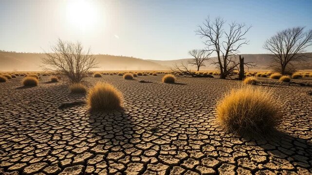 A cracked earth desert landscape featuring sparse vegetation and leafless trees under a bright sky