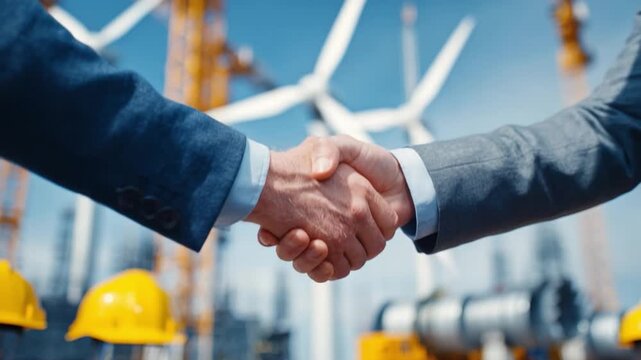 Collaboration in Progress: Two figures seal a business agreement with a firm handshake, framed by wind turbines and construction equipment, symbolizing a commitment to sustainability and progress.