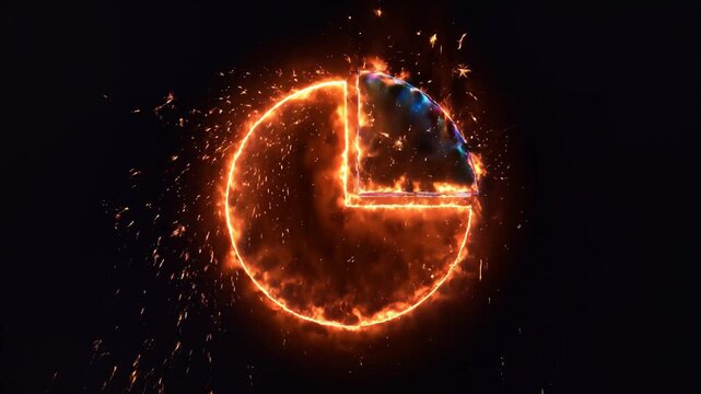 Fiery Pie Chart Explodes and Forms, Emitting Glowing Sparks