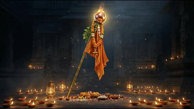 A cinematic, dark shot of the festive gudi padwa flag standing tall amidst glowing deepaks in an ancient temple hall.