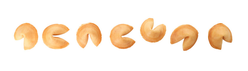 Fortune cookies displayed in a row on a white surface, isolated, PNG