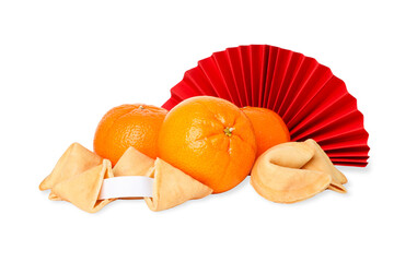 Oranges, cookies, and a red fan on display, isolated, PNG