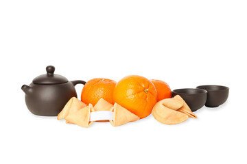 Obraz premium Teapot with oranges and fortune cookies, isolated, PNG