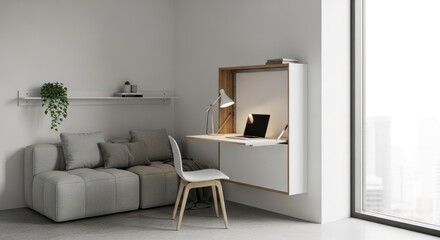Fototapeta premium A minimalist office space with a white wall, a desk, a chair, a laptop, a potted plant, and a window.