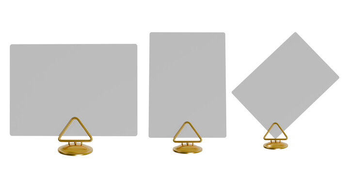 3d render card holders with blank grey cards in landscape, portrait, and angled views. Minimalist table number or menu mockup