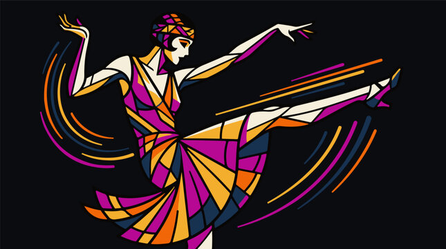 Energetic Art Deco Female Dancer Jumping Vector Illustration