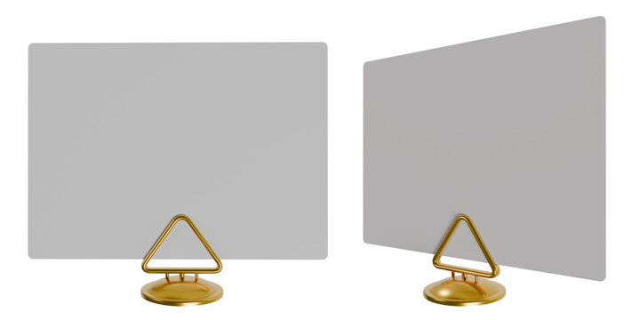 3D render  mockup featuring a blank grey card held by a minimalist gold triangular stand. Perfect for seating charts, table names, price tags, or business card displays
