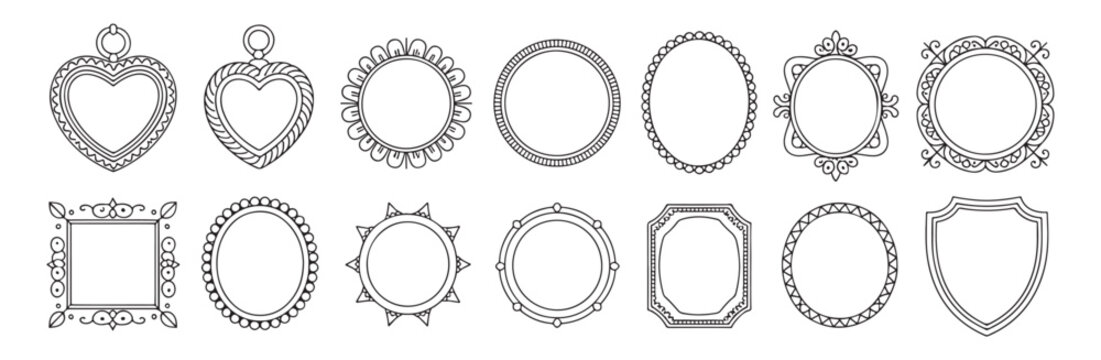 Set of Decorative Line Art Frames Including Heart Locket and Shield Shapes Isolated on White