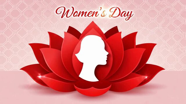 Animated happy international women's day greeting card design featuring beautiful red lotus flower blooming motion