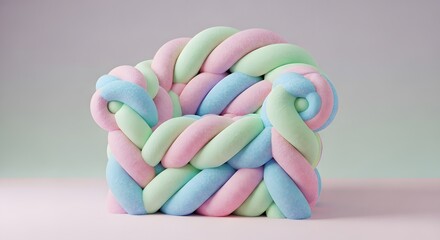 Braided Marshmallow Armchair Sculpture, Pastel Twisted Sugar Furniture, Surreal 3D Render