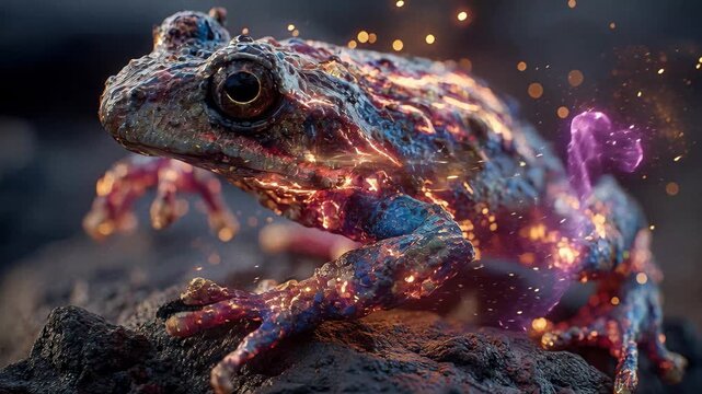 Vibrant, flame-adorned frog surrounded by sparks against a dark background Orange and red color scheme with textured rock or scale-like skin and clear bubbly substance encasement Fant - AI-Generated