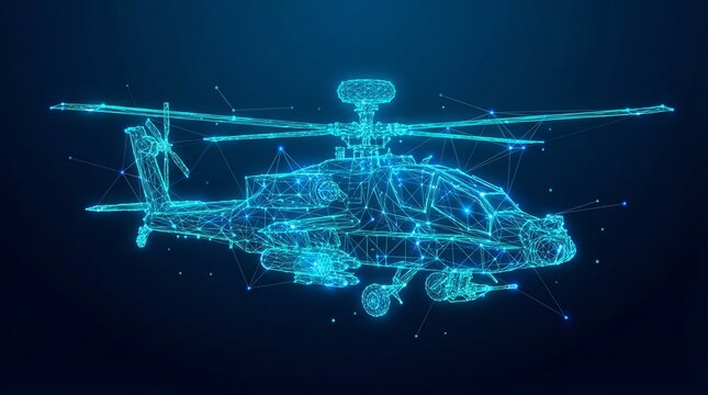 Futuristic Digital Wireframe of Military Attack Helicopter with Glowing Blue Poly Mesh - High Tech Aerospace Concept