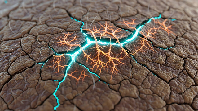 Cracked Dry Ground with Glowing Blue and Orange Veins