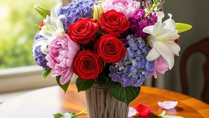 Obraz premium A vibrant flower arrangement with red roses, purple hydrangeas, and white lilies in a wooden vase on a wooden table.