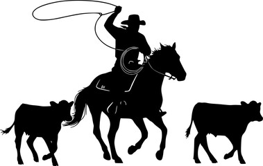 silhouette cowboy on a horse with two young cows