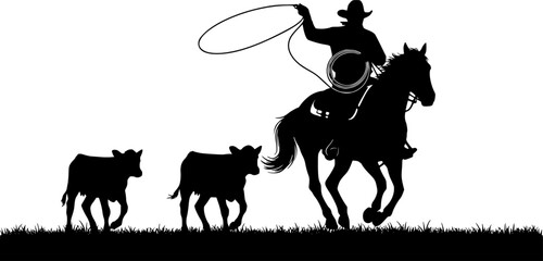 silhouette cowboy on a horse with two young cows