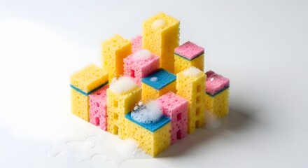 Isometric Miniature City Made of Cleaning Sponges, Yellow and Pink Cellulose Urban Model