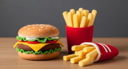 Needle Felted Wool Burger and Fries, Handmade Fiber Fast Food Art, Fuzzy Wool Sculpture
