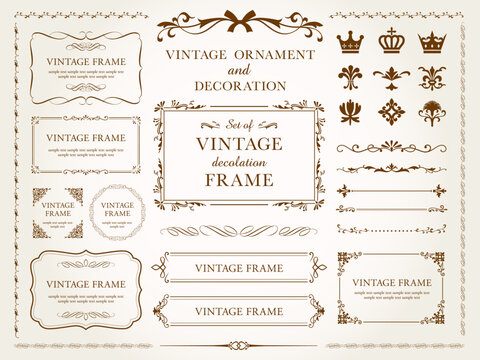ヨーロッパの豪華なヴィンテージフレームベクターセット。装飾的なカール、仕切り、ボーダーデザイン。結婚式の招待状、化粧品のラベル、ブティック、スパのロゴデザインやカードのデザイン要素。