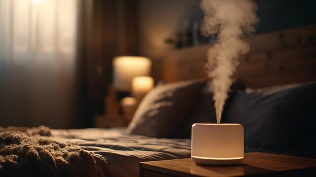 Serene Bedroom Ambiance: Capture the tranquil atmosphere of a bedroom with a humidifier emitting a gentle plume of mist. Soft lighting creates a cozy and restful environment. 