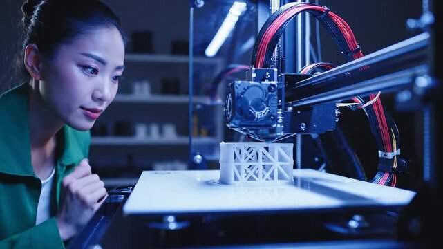 Woman operating 3D printer
