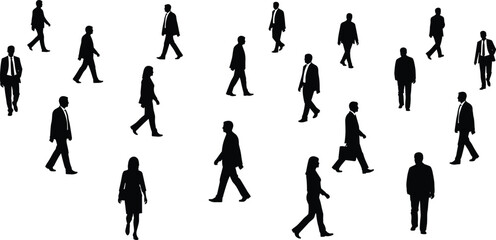 Fototapeta premium Business people walking silhouettes in various poses modern corporate characters moving in different directions vector illustration for professional design projects