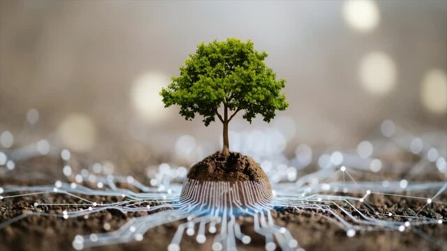 A lush tree sprouts from soil encircled by a glowing circuit, symbolizing growth and tech