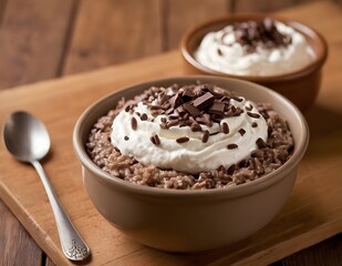 bowl of chocolate rice pudding topped with whipped cream