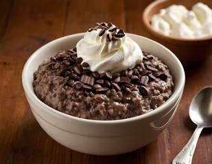 bowl of chocolate rice pudding topped with whipped cream