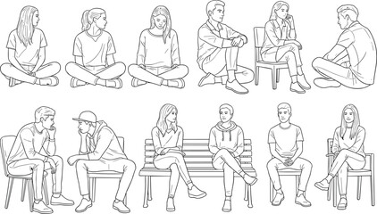 Line art illustration of people sitting in various poses, men and women seated on chairs and benches, casual relaxed posture set