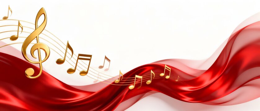 Golden musical notes on red silk wave