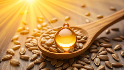 Macro of sunflower oil droplets on a wooden spoon with sunflower seeds and sunlight macro sunlight