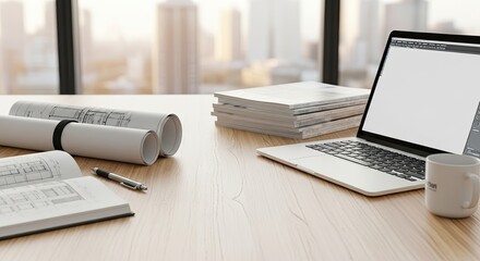 A laptop, coffee mug, and architectural plans on a wooden desk with a cityscape in the background.