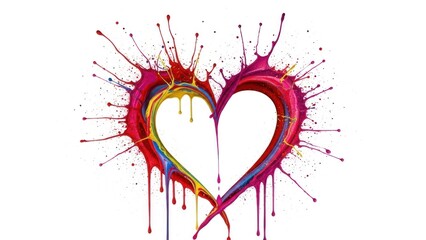 A colorful heart shape made from splattered paint on a white background.