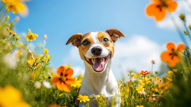 Happy Puppy Smiling in Colorful Flower Field