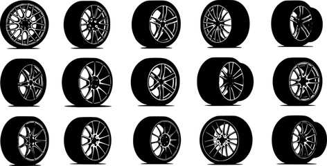 A vector silhouette sports Rims with tires with white background