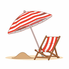 Red Striped Beach Umbrella and Wooden Chair Vector Scene