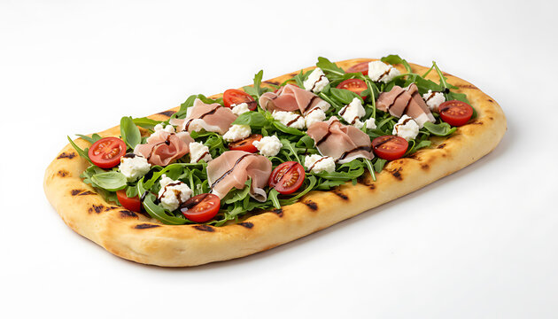 Flatbread pizza with arugula tomatoes ricotta prosciutto and balsamic glaze on rustic wood table