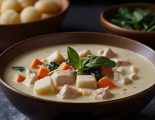 bowl of creamy chicken gnocchi soup with spinach and carrots