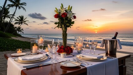 Fototapeta premium A romantic dinner setup on a beach with a sunset in the background.